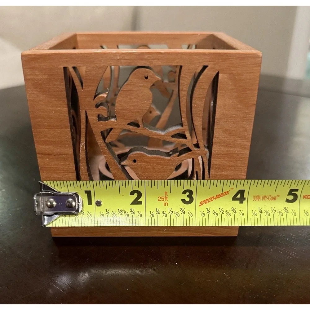 Carved Alder Wood Cube Tea Light Holder Birds, Hearts Made by Almeda in Czech 4